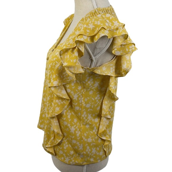 BB Dakota Womens All The Frills Ruffle Crepe V Neck Yellow Floral Blouse Small - Picture 8 of 11